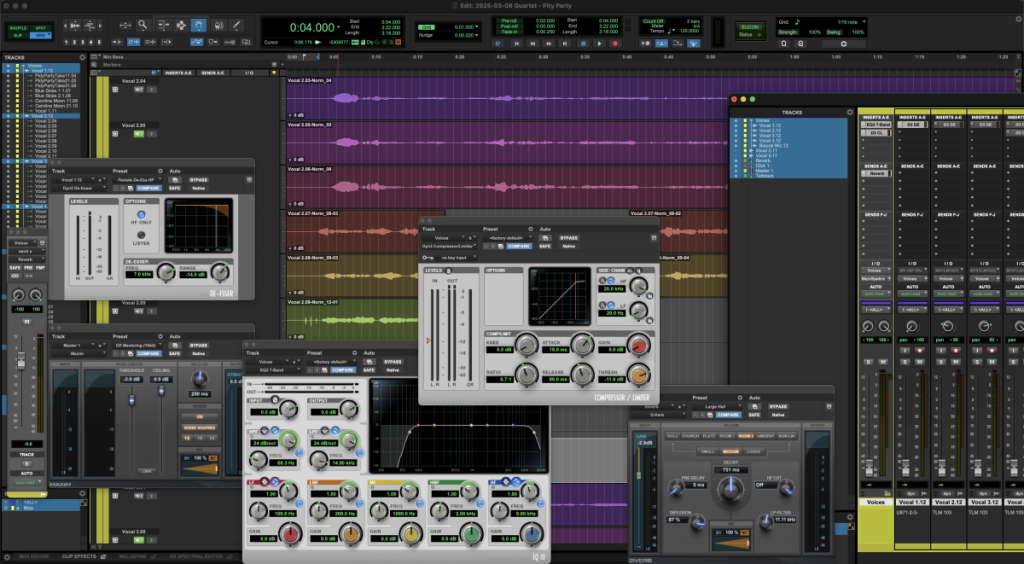 The Pro Tools interface open. with many different plugins open.